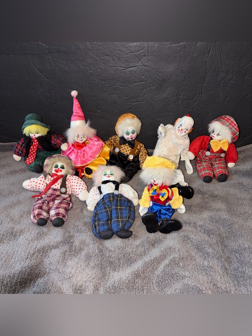 Vintage Clown Lot Ceramic Heads Soft Bodies Lot Of 8